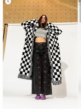 Luxe Fringe Blanket Cardigan in Black + White Check